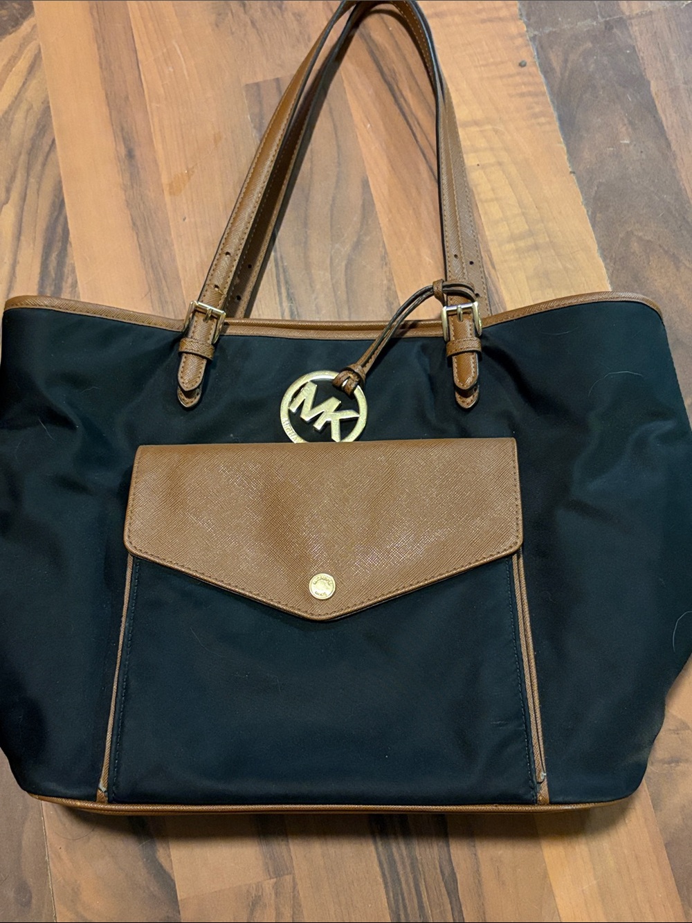 Michael Kors Black and Brown Leather-Trim Tote with MK Charm